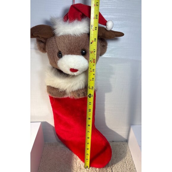 Reindeer Plush Christmas Stocking 21" Red & Brown Fuzzy Holiday Decor Cute - Picture 7 of 7